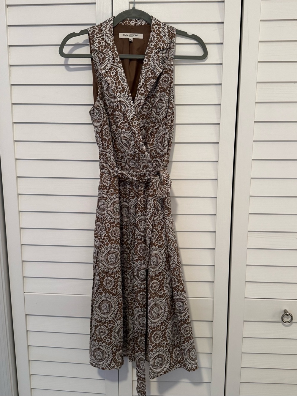 Evan Picone Brown and White Sleeveless Wrap Dress, Fall, Office, Work